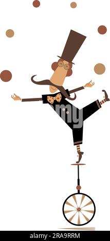 L'equilibrio dell'uniciciclo si destreggia. L'uomo divertente nel cappello bilancia l'uniciciclo e fa giocherellare le palle Illustrazione Vettoriale