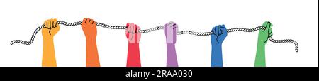Mani diverse che tengono la corda. Lavoro di squadra, mani in alto. Concetto di solidarietà. Illustrazione vettoriale disegnata a mano. Illustrazione Vettoriale