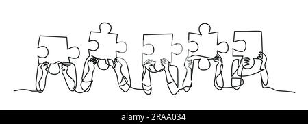 Gente che mette insieme pezzi di puzzle. Un disegno a linea continua. Illustrazione Vettoriale