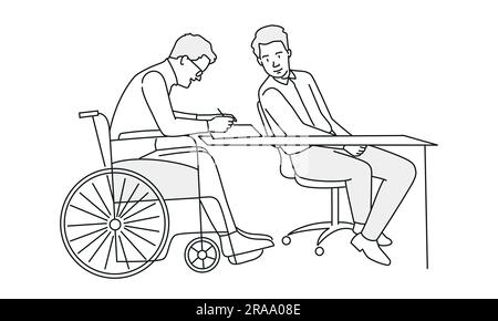 Uomo d'affari con disabilità che lavora in ufficio. Illustrazione vettoriale disegnata a mano. Illustrazione Vettoriale