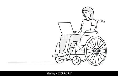 Giovane donna in sedia a rotelle con computer portatile. Illustrazione vettoriale disegnata a mano. Illustrazione Vettoriale