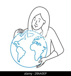Giovane donna con cura e amore abbraccia il pianeta blu Terra. Illustrazione vettoriale disegnata a mano. Illustrazione Vettoriale