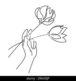 Mano che tiene i tulipani. Illustrazione vettoriale disegnata a mano. Illustrazione Vettoriale
