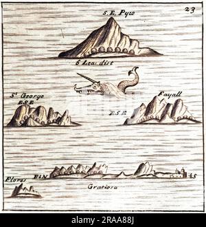 Le isole delle Azzorre, recentemente scoperte: Flores è in basso a sinistra della mappa. Data: XVII secolo Foto Stock