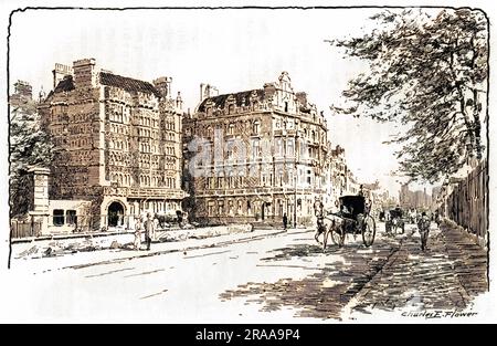 Nuove residenze costruite a Park Lane nel 1903, uno degli indirizzi più prestigiosi di Londra. A sinistra c'è la casa del signor R. W. Hudson e a destra quella di Sir Edward Albert Sassoon. La casa di Sir Edward fu costruita nel 1895-6 da T. H.Smith e C. E. Sayer per Barney Barnato, un sudafricano. La casa era di 13.000 piedi quadrati, aveva una scala in marmo alta quattro piani, una serra, un giardino d'inverno e una sala da ballo. In seguito rinominato 4 Park Lane, divenne negli anni '1960 la sede del Playboy Club. Data: 1903 Foto Stock