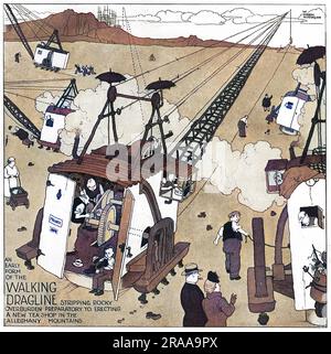 Una forma precoce della dragline che si apre su un terreno roccioso preparatorio per la costruzione di un nuovo negozio di tè nelle Allegheny Mountains. Un aggeggio tipicamente traballante dalla mente inventiva di William Heath Robinson che mostra un dragline che cammina (in realtà cammina, la macchina si muove usando le scarpe) preparando il terreno per la costruzione di un negozio di tè. Data: c.1938 Foto Stock