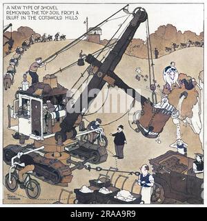 Un nuovo tipo di pala la rimozione del terreno superiore da un bluff nel Cotswold Hills. Tipicamente un aggeggio elaborati dal gadget King William Heath Robinson che mostra una macchina di scavo realizzato a partire da una varietà di bit domestico e pezzi. Data: c.1938 Foto Stock