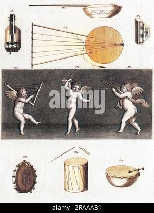 Una selezione di antichi strumenti musicali. 1 - Una sinfonia, o violino. 2 e 3- strumenti egiziani del XVIII secolo. 4 - Sackbut. 5, 6 e 7 - musicisti cherubici di Ercolano. 8 - un toph (tamburo). 9 - un tamburo. 10 - un kettledrum. Foto Stock