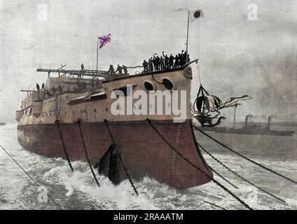 Il lancio, a Barrow, della più grande nave da battaglia del mondo (all'epoca), l'uomo di guerra giapponese, 'Mikasaa'. Data: 1900 Foto Stock