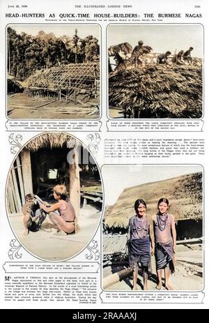 Il signor A. S. Vernay ha visitato un villaggio delle Nagas birmane a caccia di testa con la spedizione del Museo Americano di Storia Naturale, scattando le fotografie che appaiono in questa pagina che includono, in senso orario dall'alto a sinistra: Nel villaggio del Nagas birmano caccia alla testa, la grande struttura di una grande abitazione comunitaria fatta di pali di legno e bambù; Nagas al lavoro che thatching la grande abitazione comunitaria con foglie di palma atap; Due Naga donne fotografate fuori di una casa comunità - Signore bashful che sono stati allarmati dalla macchina fotografica e ha dovuto essere ordinato di affrontare dal loro capo; e parrucchiere in Foto Stock