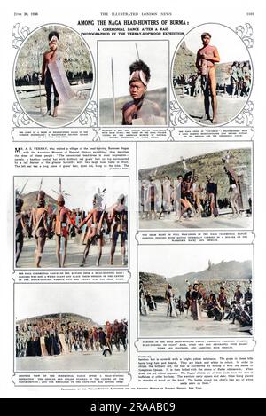 Il signor A. S. Vernay ha visitato un villaggio delle Nagas birmane cacciatrici di teste con la spedizione dell'American Museum of Natural History, scattando le fotografie che appaiono su questa pagina che includono, in senso orario dall'alto a sinistra: Il capo di una tribù di Nagas cacciatori di teste in abiti da guerra; Primo piano del capo che indossa un abito da battaglia rosso e giallo con zanne di cinghiale; il capo in "vestiario"; la finta lotta in abiti da guerra completi nella danza cerimoniale Naga; ballerini nella danza Naga per la caccia alla testa; un'altra visione della danza cerimoniale dopo una spedizione per la caccia alla testa; E la danza cerimoniale Naga con i ballerini Foto Stock
