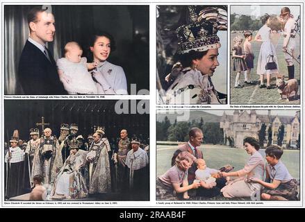 Fotografie della Regina con il marito e i figli, e il giorno dell'incoronazione. Foto Stock