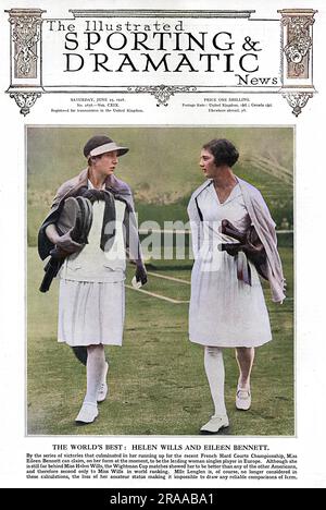 Copertina dell'Illustrated Sporting and Dramatic News con una fotografia di Helen Wills (Moody), il giocatore americano che ha vinto otto volte il Wimbledon Championship, con Eileen Bennett. I due sono stati rispettivamente il numero 1 e il numero 2 nella classifica mondiale del 1928. Data: 1928 Foto Stock