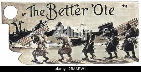 Uno schizzo tratto dal musical The Better Ole di Bystander, il fumettista Captain Bruce Bairnsfather, messo in scena all'Oxford Theatre (ex Oxford Musical Hall) di Londra nel 1917, dove fu eseguito per 811 spettacoli. Ha dato vita al personaggio di Bairnsfather, Old Bill, un soldato scontroso e ingannato di tricheco insieme a un cast di altri "tipi" britannici. Data: 1917 Foto Stock