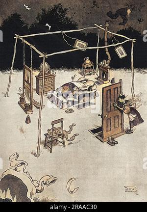 Una nuova camera da letto con aria fresca per la prevenzione dell'influenza. Una camera da letto all'aperto progettata dall'inventivo William Heath Robinson, costruita (o meglio, organizzata) per evitare i rischi dell'influenza spagnola che spazza il globo nel 1918-1919. Data: 1919 Foto Stock