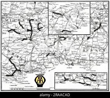 Una mappa delle contee meridionali della Gran Bretagna preparata dalla Automobile Association e dalla Motor Union per indicare i tratti di strada ampiamente danneggiati dal passaggio del traffico militare e che gli automobilisti civili erano invitati ad evitare. Le strade di Wiltshire, Dorset, Hampshire, Sussex e Kent sono tutte mostrate. Data: 1915 Foto Stock