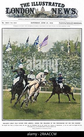 Copertina del Notiziario illustrato di Londra che raffigura la famosa vittoria della squadra di polo britannica sugli americani a Meadowbrook nell'International Polo Trophy - noto anche come The Westchester Cup - nel giugno 1914. La squadra vincente comprendeva il capitano H. H. Tomkinson, il capitano Leslie Cheape, il capitano F. W. Barrett e il capitano Vivian Lockett. Capitano Leslie St. Clair Cheape (1882-1916) è stato soprannominato "il più grande giocatore di polo d'Inghilterra". Ha giocato per l'Inghilterra nella Westchester Cup tre volte nel 1911, 1913 e 1914. Fu ucciso il 23 aprile 1916 mentre comandava uno squadrone del Worcestershire Ye Foto Stock