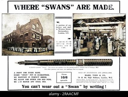 Pubblicità per penne Swan, con fotografie che mostrano parte della fabbrica in Weston Street, Bermondsey, South East London e una parte del negozio di tornitura con uomini al lavoro. Data: 1914 Foto Stock
