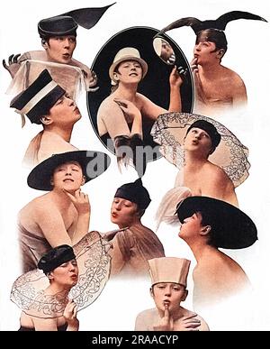 Una varietà di cappelli stravaganti e stravaganti disponibili presso la Maison Lewis, ispirati al personaggio Eve, l'editorialista fittizia di pettegolezzi della rivista Tatler, la cui fama si estendeva al fatto che aveva il suo schizzo nella rivista "Tina" all'Adelphi nel 1916, dove Phyllis osava e il resto del cast, Indossa una varietà di costumi stilizzati ispirati al guardaroba di Eve. Data: 1916 Foto Stock