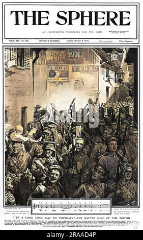 I soldati britannici cantano la canzone popolare, è un lungo cammino verso Tipperary, mentre marciano attraverso un villaggio francese verso la parte anteriore della prima guerra mondiale, 1914. Data: 1914 Foto Stock