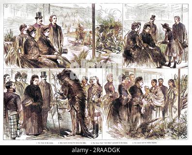 La visita reale al Wild West Show alla Great American Exhibition a West London nel 1887: 1. La Regina Vittoria assiste a uno spettacolo equino nell'arena 2. La signorina Lilian Smith (1871–1930) mostra alla Regina il suo fucile 3. Una "camicia rossa" del capo Sioux che viene presentata alla Regina. 4) la Regina incontra gli Squaws indiani. Data: 1887 Foto Stock