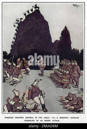 Invenzioni di guerra non servono ora! William Heath Robinson immagina l'America sul campo! 4. Una raffica mesmerica che distrugge un attacco nemico. Data: 1918 Foto Stock