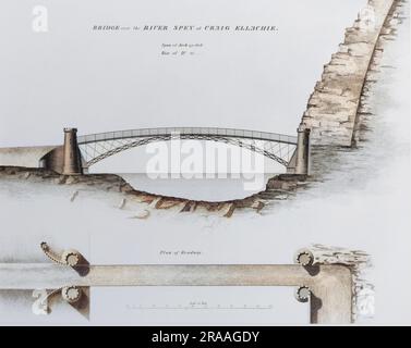 Un disegno tecnico dello spettacolare ponte Craig Ellachie sul fiume Spey nel nord-est della Scozia. Il ponte fu costruito tra il 1812 e il 1814. Data: 1838 Foto Stock