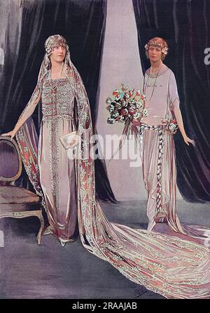 L'abito da sposa di Lady Elizabeth Bowes-Lyon per il suo matrimonio con il principe Alberto, duca di York il 26 aprile 1923 all'Abbazia di Westminster, progettato da Madame Handley Seymour in stile medievale. Il volto di Lady Mary Cambridge, una delle damigelle d'onore, è sovrapposto a un esempio di abito da damigella d'onore. Data: 1923 Foto Stock