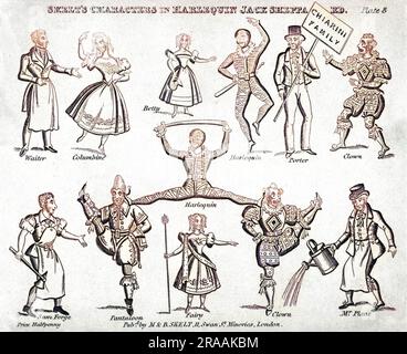 Personaggi classici della pantomima - Harlequin, Columbine, Clown e Pantaloon - mescolati con altri - un cameriere, Betty, Porter, Sam Forge, Fairy e Mr Plant - per formare una produzione di Harlequin Jack Sheppard. Data: c. 1840s Foto Stock