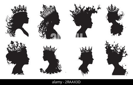 Una serie di figure vettoriali silhouette Queen Crown Illustrazione Vettoriale