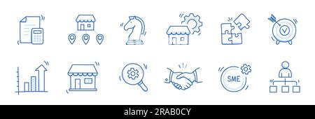 Set di icone per gli scarabocchi delle piccole e medie imprese. Icona di stile per schizzi disegnati a mano per aziende di piccole e medie dimensioni. Partenariato locale, strategia economica, concetto di franchising. Illustrazione vettoriale. Illustrazione Vettoriale