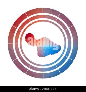 Distintivo Maui. Logo dell'isola sfumato brillante in stile polietilene basso. Segno arrotondato Maui multicolore con mappa in stile geometrico per la tua infografica. Illustrazione Vettoriale