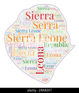 Forma della Sierra Leone riempita con il nome del paese in molte lingue. Mappa della Sierra Leone in stile nuvola di parole. Illustrazione vettoriale fredda. Illustrazione Vettoriale