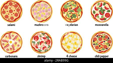 Vista dall'alto icone isolate della gustosa pizza. Pizze, salame, mozzarella, peperoni. Pizzeria, servizio di consegna a domicilio, fast food. Propone una decente cucina vettoriale italiana Illustrazione Vettoriale