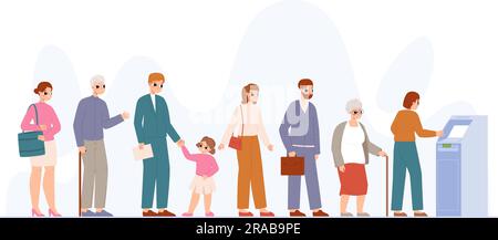 Bancomat, personale in attesa servizio bancario. Fila d'attesa per la macchina bancaria. Denaro e pagamento, servizio clienti. Scena vettoriale del prelievo di contanti Illustrazione Vettoriale