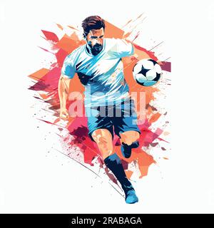 Giocatore di calcio che corre con palla, illustrazione vettoriale a inchiostro isolato. Illustrazione Vettoriale