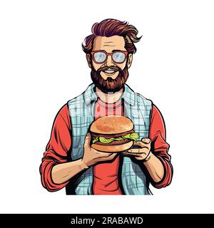 Hungry Bearded Man Holding Burger. Personaggio pop art. Divertente personaggio di Cartoon. Illustrazione Vettoriale