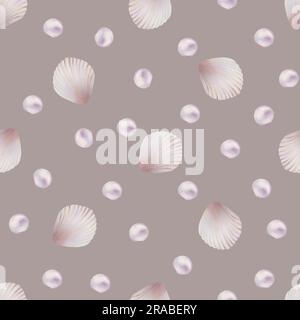 Motivo watercolor senza cuciture con conchiglie e perle. Pittura a mano clipart oggetti subacquei vita su uno sfondo bianco isolato. Per i designer, arredamento Foto Stock