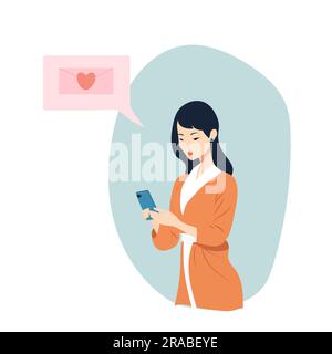 Una bella donna asiatica riceve un messaggio di testo e tiene il telefono. Guarda il telefono. Donna d'affari. Illustrazione vettoriale Illustrazione Vettoriale