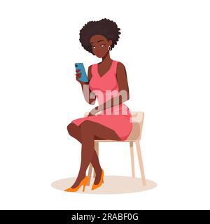 Ragazza nera che tiene in mano e guarda il telefono, chatta, donna d'affari o freelance.illustrazione vettoriale. Illustrazione Vettoriale