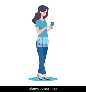 ragazza che tiene in mano e guarda il suo telefono. Dottore, infermiera, donna d'affari. Illustrazione vettoriale Illustrazione Vettoriale