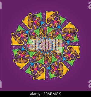 Mandala con funghi decorati con illustrazioni vettoriali a geometria sacra per il logo del tuo lavoro, t-shirt di merchandisse, adesivi e disegni di etichette, poster, Illustrazione Vettoriale