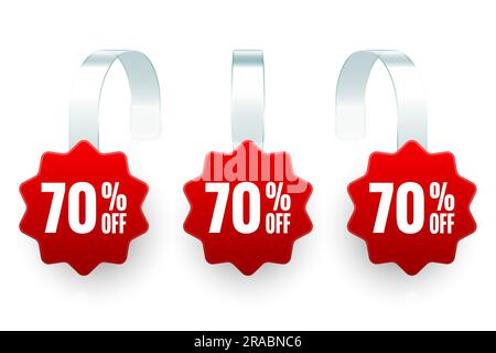 wobblers promozionale al supermercato. Realistico modello di oscillatore rosso per la pubblicità sugli scaffali, sconto del 70%. Etichetta di vendita con testo pubblicitario. Speciale Illustrazione Vettoriale