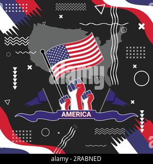 Bandiera USA National Day per il giorno dell'indipendenza con un design astratto e moderno. Mappa degli Stati Uniti d'America, arte geometrica a pugni rialzati in tema di colore bandiera Illustrazione Vettoriale