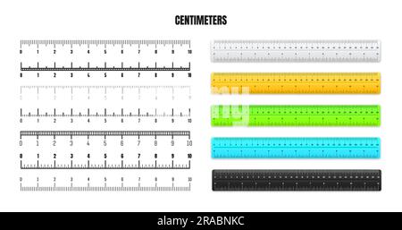 Righelli in metallo realistici con scala in centimetri neri per misurare la lunghezza o l'altezza. Varie scale di misura con divisioni. Righello, metro a nastro Illustrazione Vettoriale
