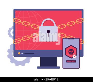 Illustrazione del concetto di computer e smartphone per attacco ransomware per Cyber Crime Illustrazione Vettoriale