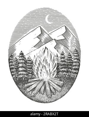 Falò da campeggio disegnato a mano. con la montagna e la foresta. stile di incisione con illustrazioni di badge vettoriali vintage Illustrazione Vettoriale