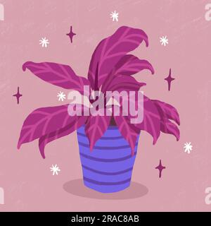 Illustrazione ad acquerello disegnata a mano del filodendro in stile cartone animato, foglie viola fiore di pianta blu, foglie di fogliame tropicale, varietà costosa. Gli amanti della natura nella giungla urbana specie di erbe con le stelle Foto Stock