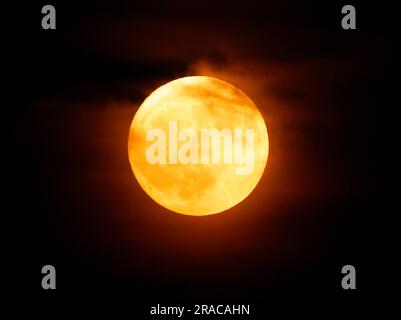 New York, Stati Uniti. 2 luglio 2023. Un Buck Supermoon quasi pieno sorge dietro il quartiere di Brooklyn domenica 2 luglio 2023 a New York City. La superluna di domani segnerà il primo di quattro superlune quest'anno. Foto di John Angelillo/UPI Credit: UPI/Alamy Live News Foto Stock