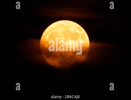 New York, Stati Uniti. 2 luglio 2023. Un Buck Supermoon quasi pieno sorge dietro il quartiere di Brooklyn domenica 2 luglio 2023 a New York City. La superluna di domani segnerà il primo di quattro superlune quest'anno. Foto di John Angelillo/UPI Credit: UPI/Alamy Live News Foto Stock